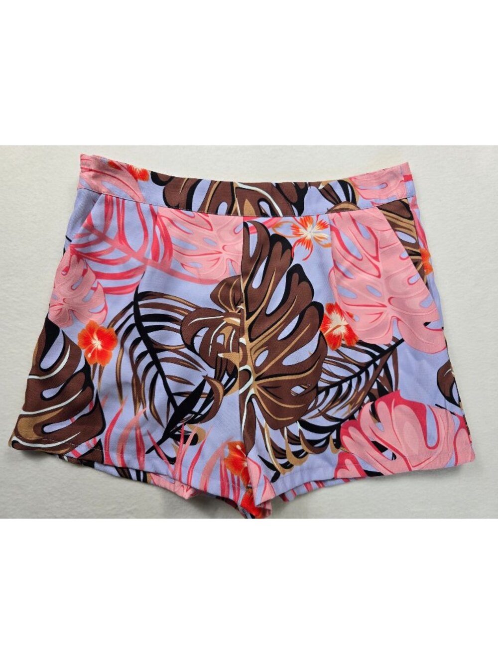 Tropical Leaf Print Shorts Womens XL Shein 100% Polyester Side Zipper Pink Brown